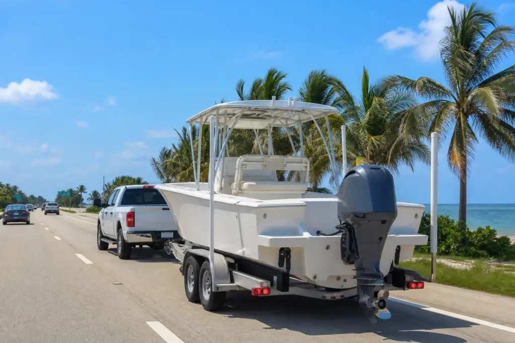 Motorboat on trailer ready for transport