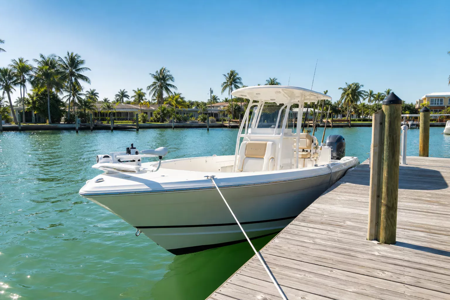 Center console fishing boat at marina dock