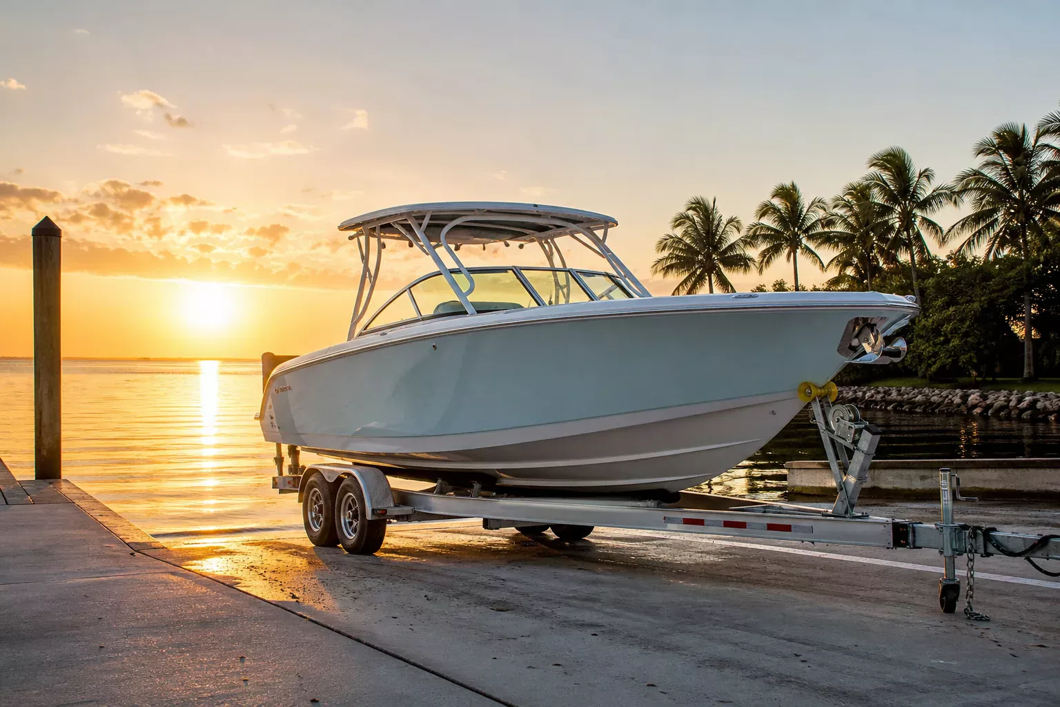 Motorboat on trailer at boat ramp