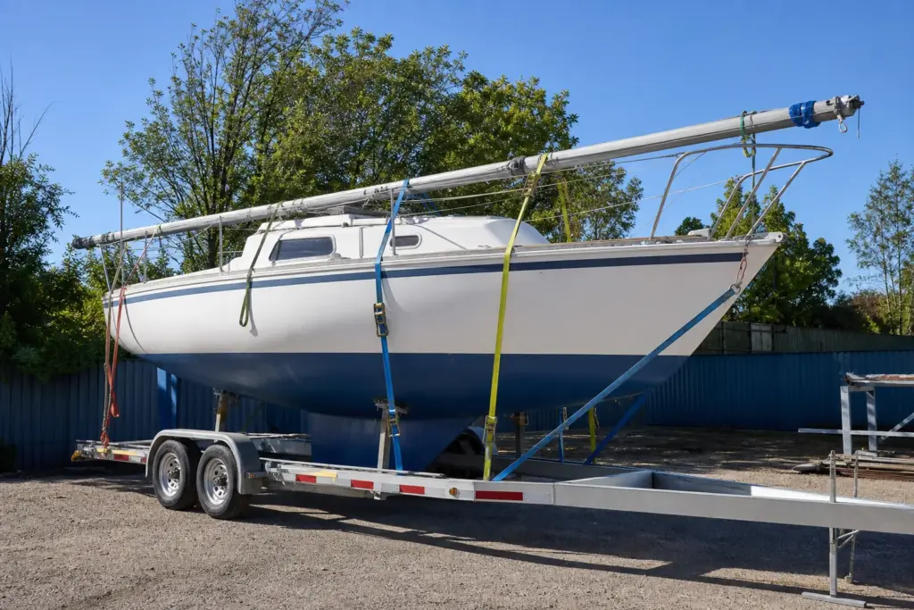 Sailboat with mast down on trailer